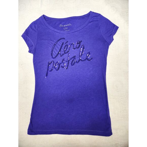 Y2K Style Aéropostale Woman's Spell Out T Shirt Sz. L Sequin Spell-Out Purple - Picture 5 of 6